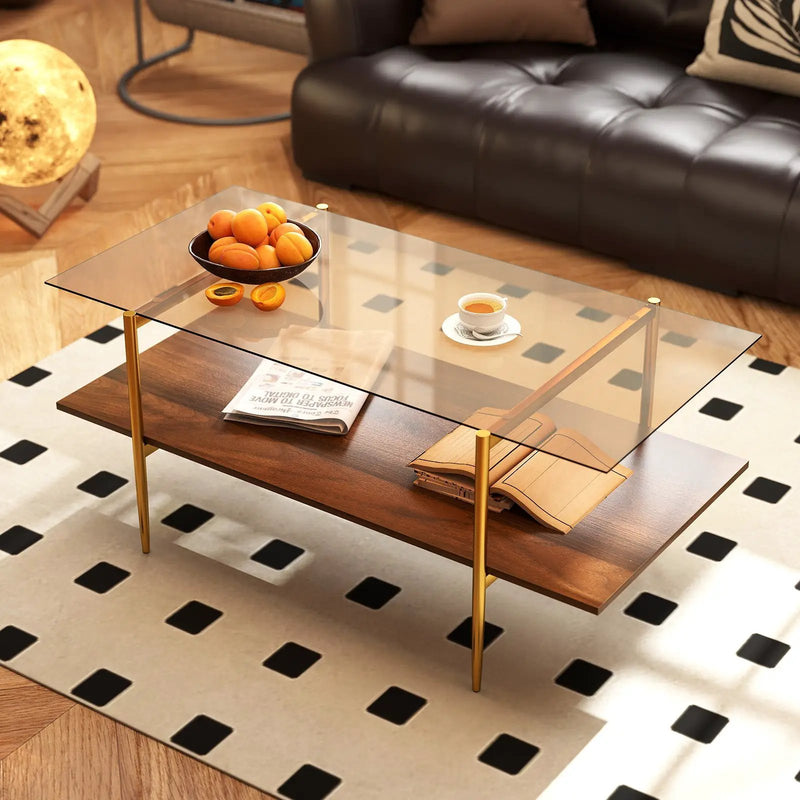 2-Tier Glass Coffee Table with Tampered Glass Tabletop and Open Storage Shelf-Brown by DirectDeals
