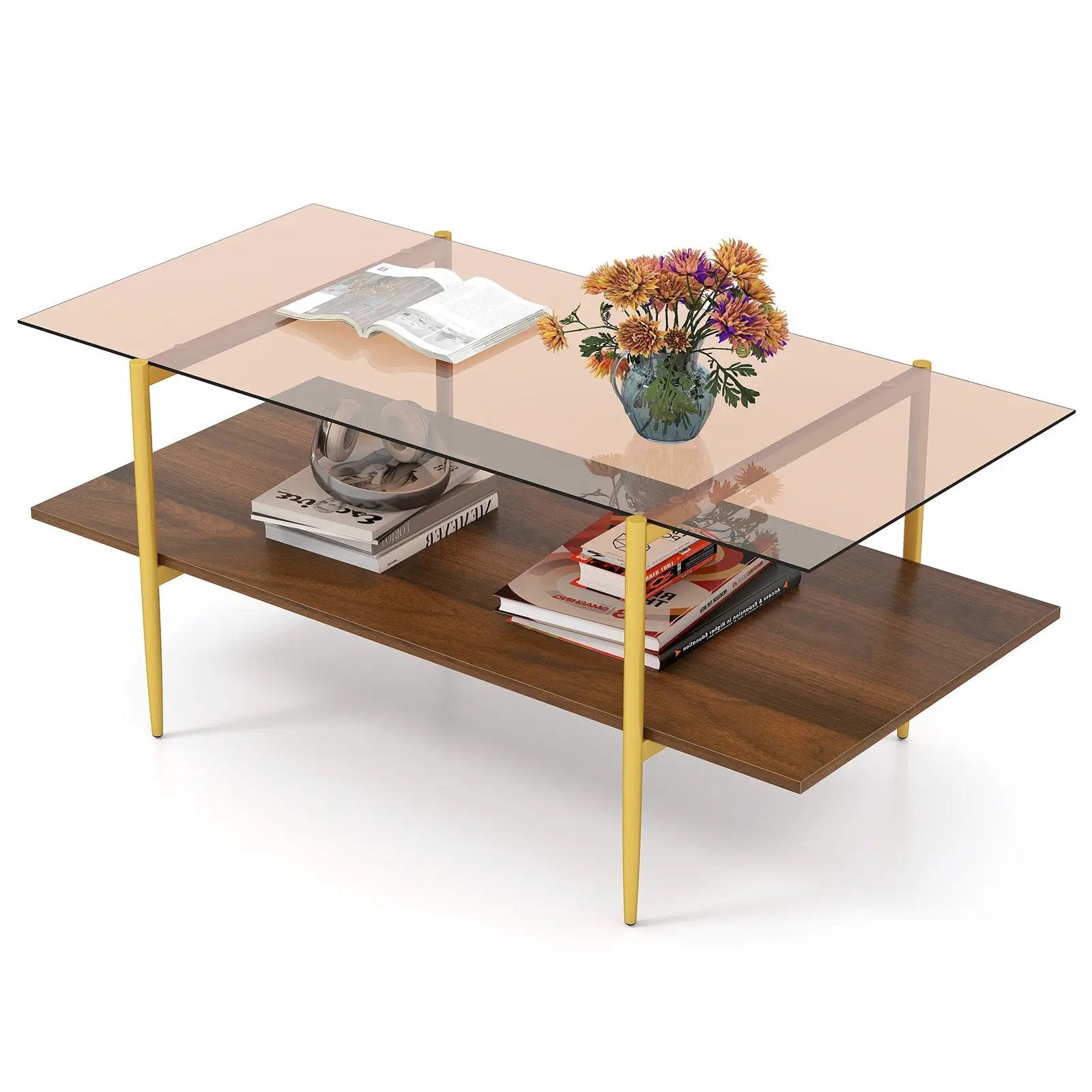 2-Tier Glass Coffee Table with Tampered Glass Tabletop and Open Storage Shelf-Brown by DirectDeals