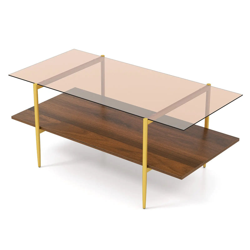 2-Tier Glass Coffee Table with Tampered Glass Tabletop and Open Storage Shelf-Brown by DirectDeals