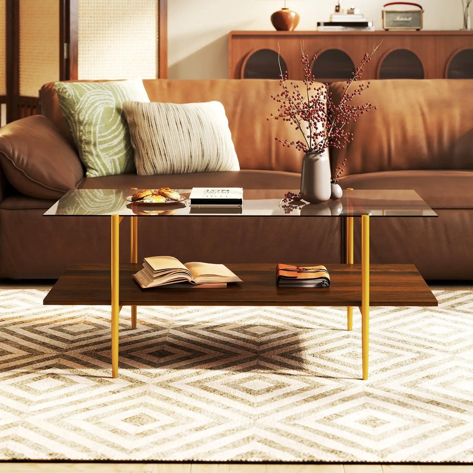 2-Tier Glass Coffee Table with Tampered Glass Tabletop and Open Storage Shelf-Brown by DirectDeals