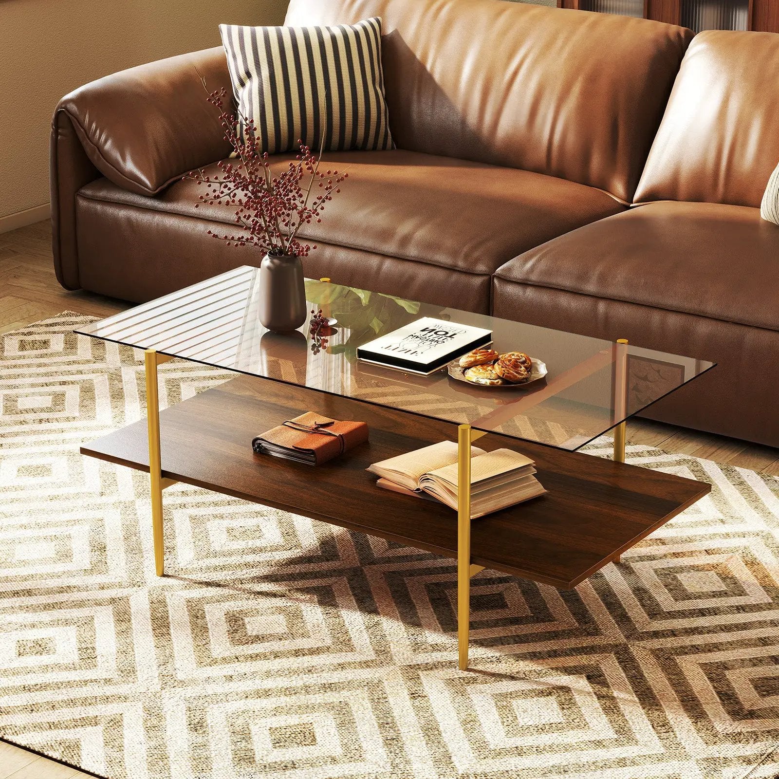 2-Tier Glass Coffee Table with Tampered Glass Tabletop and Open Storage Shelf-Brown by DirectDeals