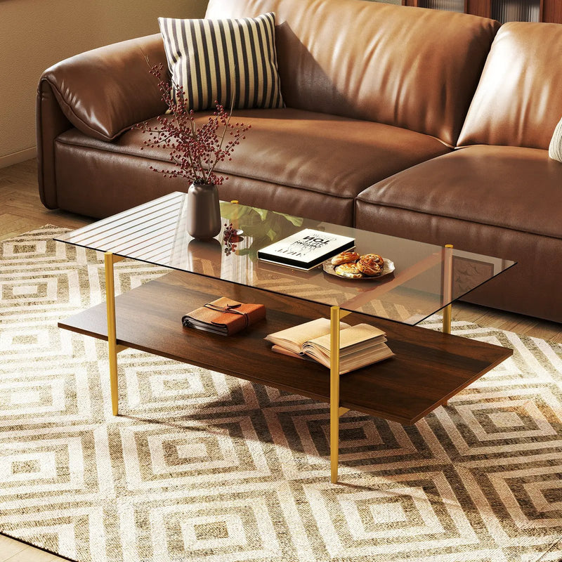 2-Tier Glass Coffee Table with Tampered Glass Tabletop and Open Storage Shelf-Brown by DirectDeals