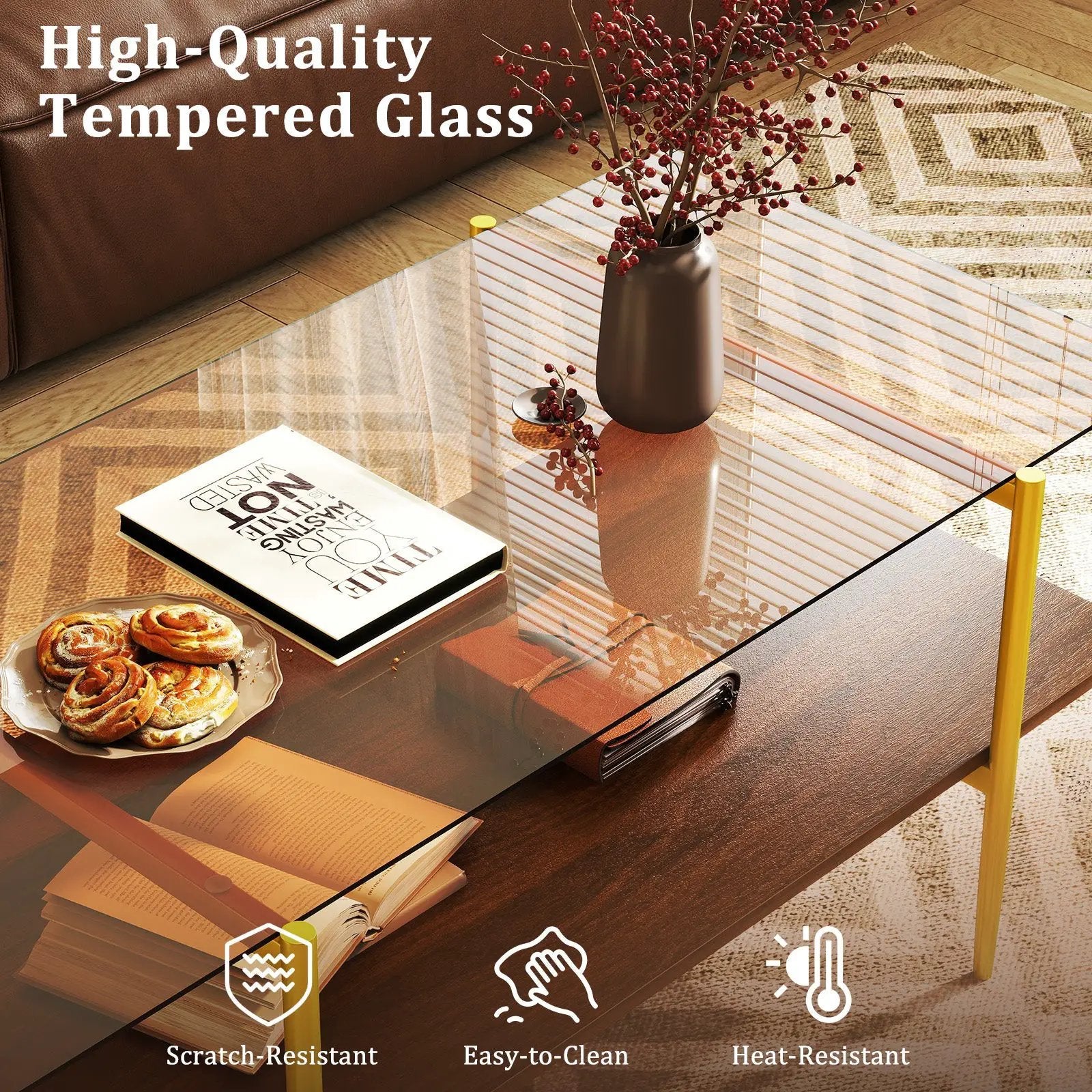 2-Tier Glass Coffee Table with Tampered Glass Tabletop and Open Storage Shelf-Brown by DirectDeals