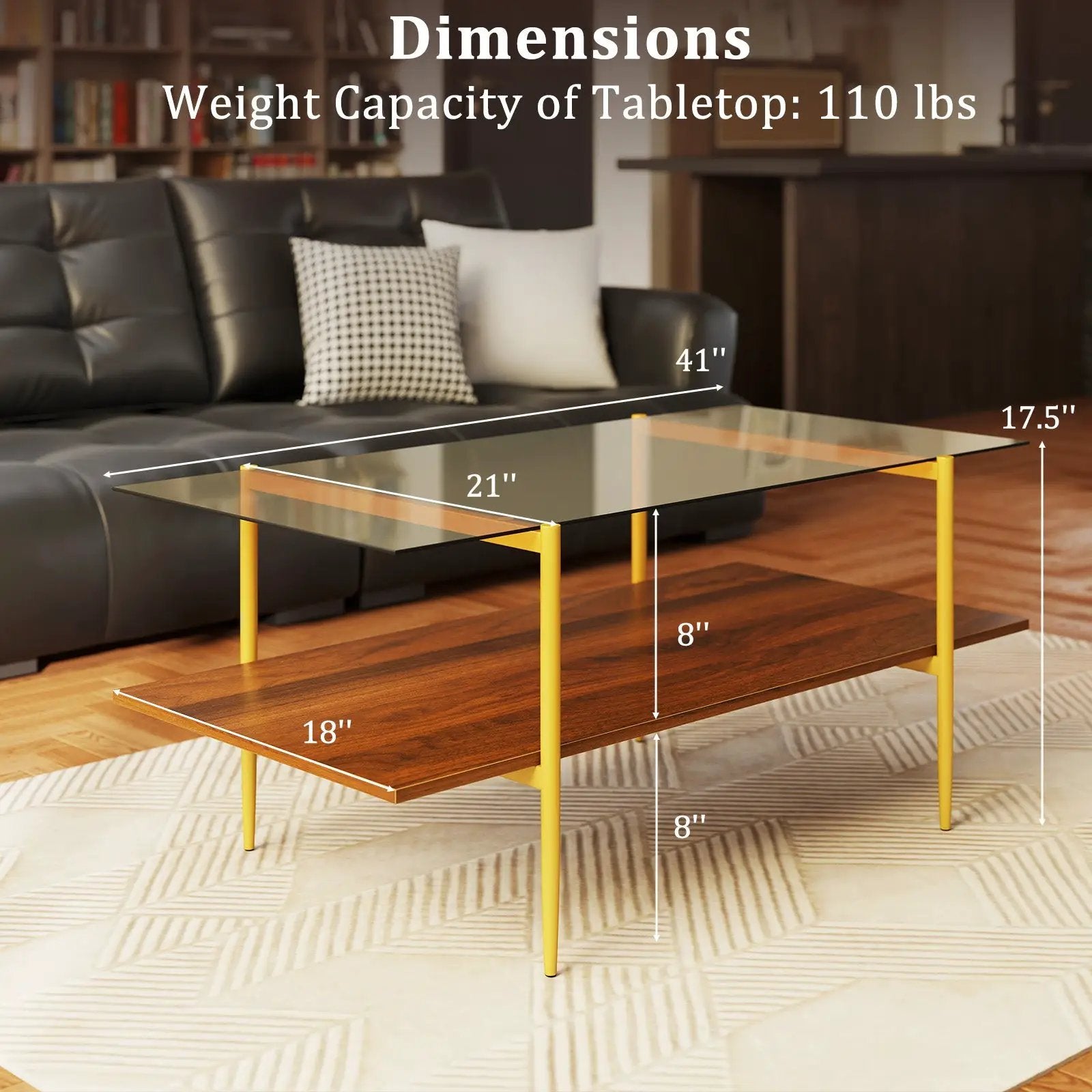 2-Tier Glass Coffee Table with Tampered Glass Tabletop and Open Storage Shelf-Brown by DirectDeals