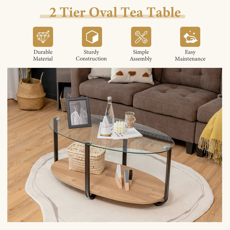 2-Tier Glass-Top Oval Coffee Table with Wooden Shelf for Living Room by DirectDeals