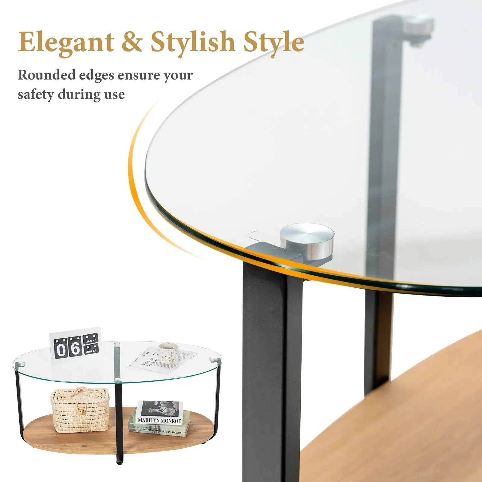 2-Tier Glass-Top Oval Coffee Table with Wooden Shelf for Living Room by DirectDeals