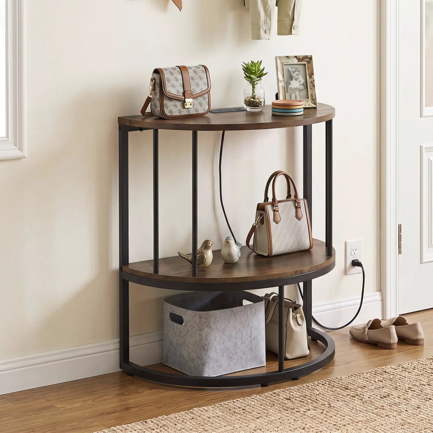 Half Moon Console Table with Power Outlets & Storage Shelf by DirectDeals