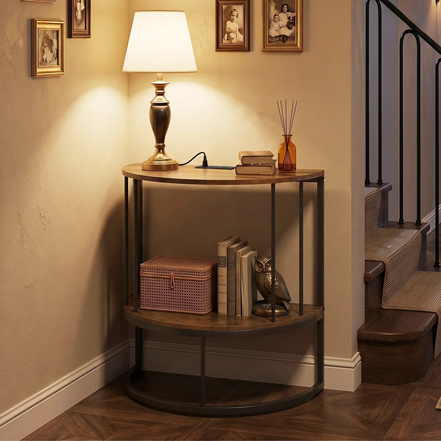 Half Moon Console Table with Power Outlets & Storage Shelf by DirectDeals