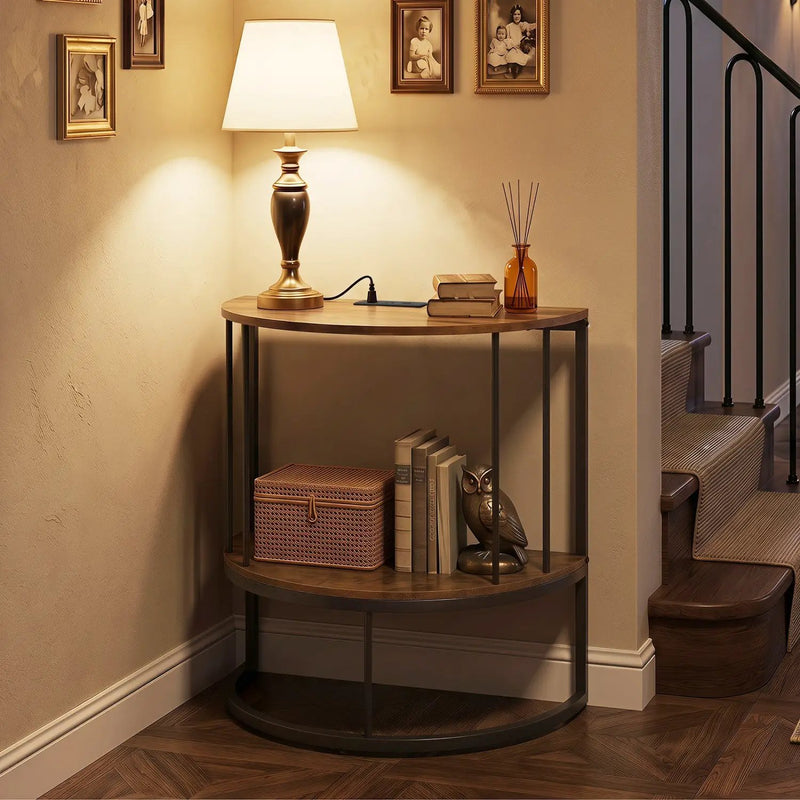 Half Moon Console Table with Power Outlets & Storage Shelf by DirectDeals