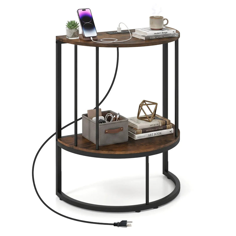 Half Moon Console Table with Power Outlets & Storage Shelf by DirectDeals