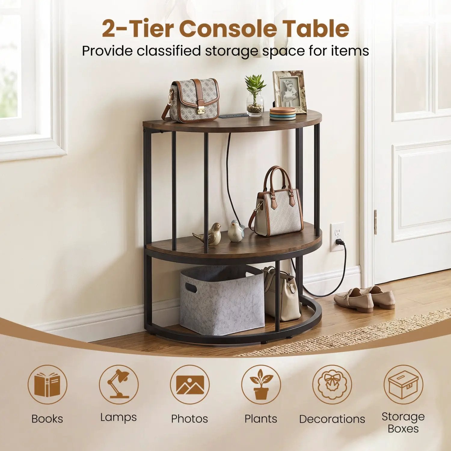 Half Moon Console Table with Power Outlets & Storage Shelf by DirectDeals