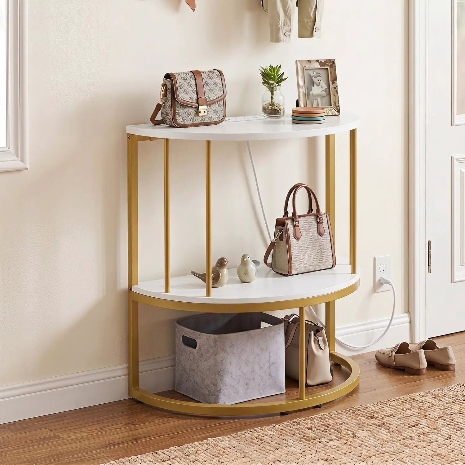 Half Moon Console Table with Power Outlets & Storage Shelf by DirectDeals