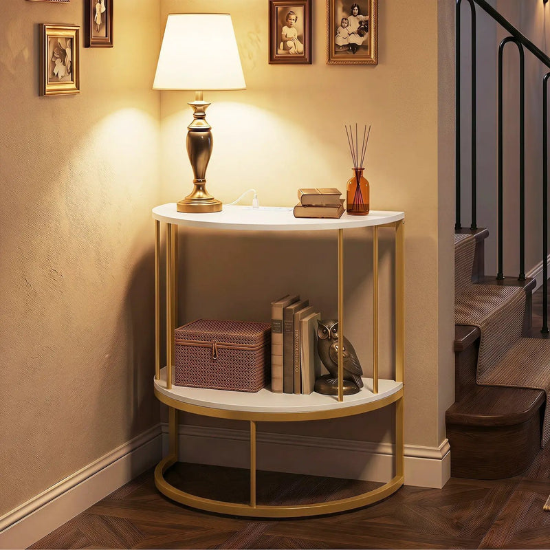Half Moon Console Table with Power Outlets & Storage Shelf by DirectDeals