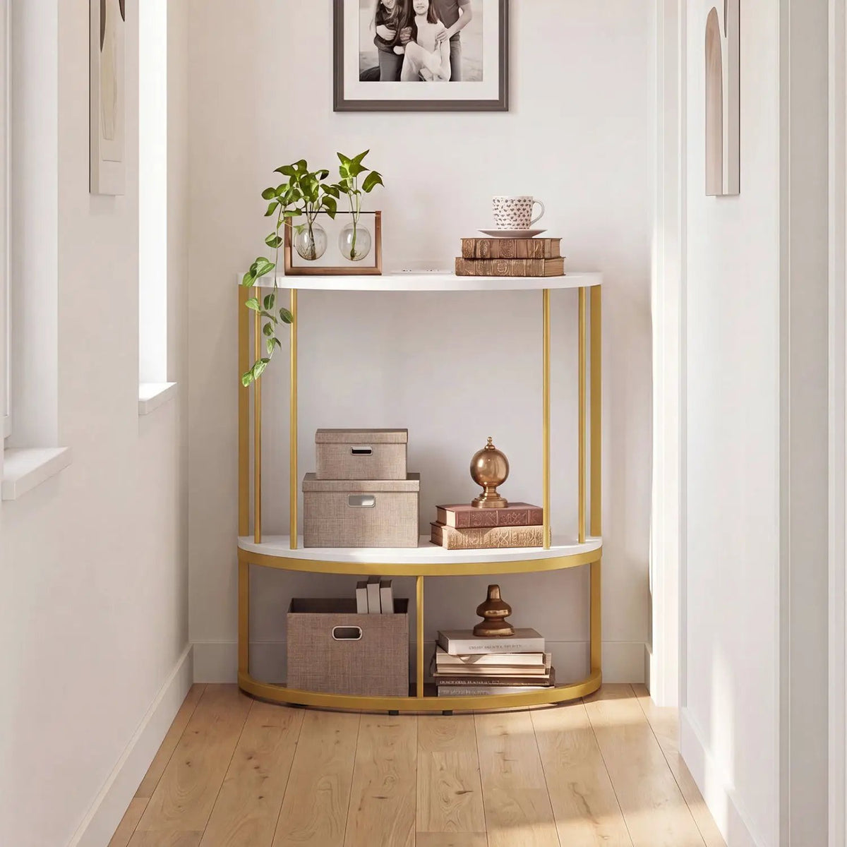 Half Moon Console Table with Power Outlets & Storage Shelf by DirectDeals