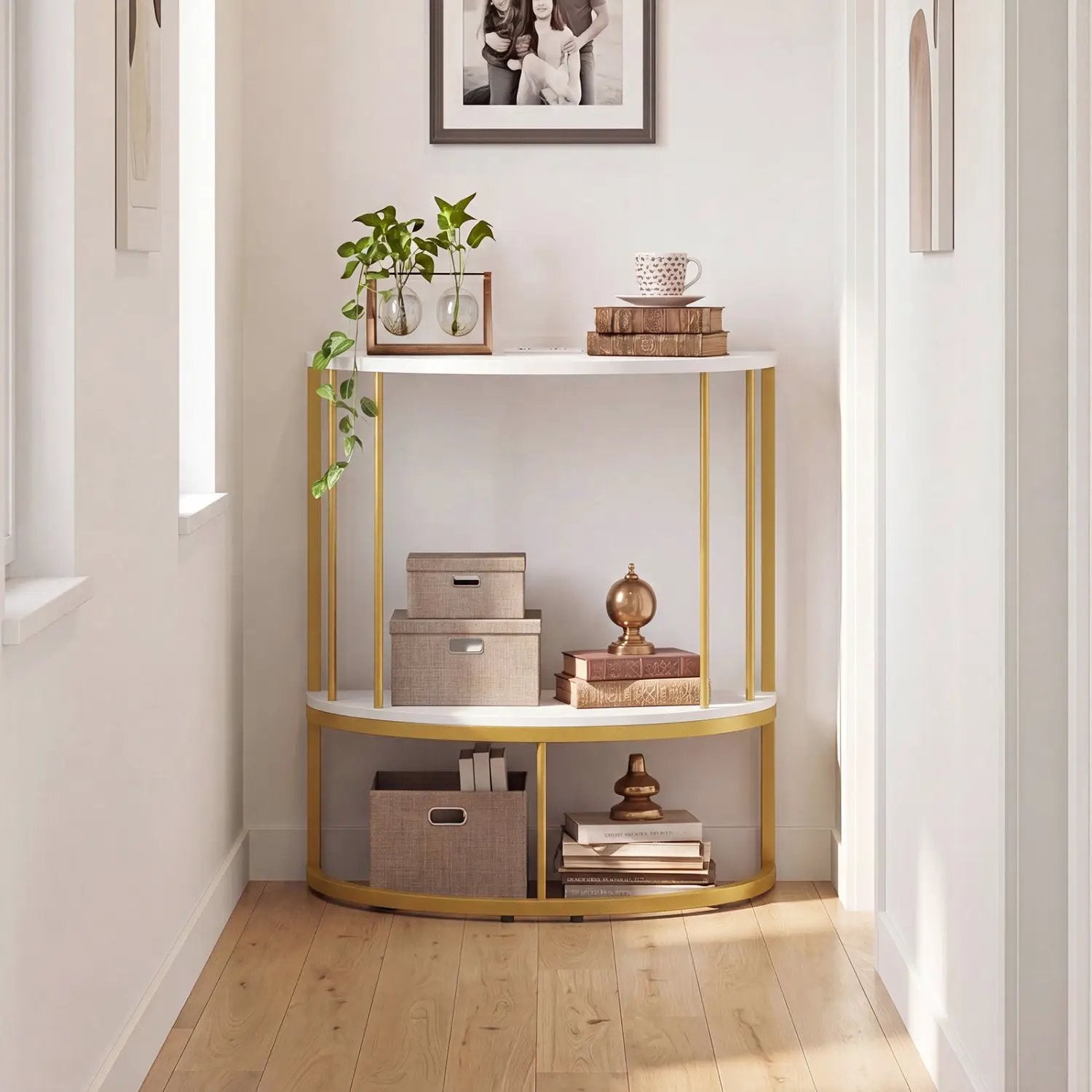 Half Moon Console Table with Power Outlets & Storage Shelf by DirectDeals