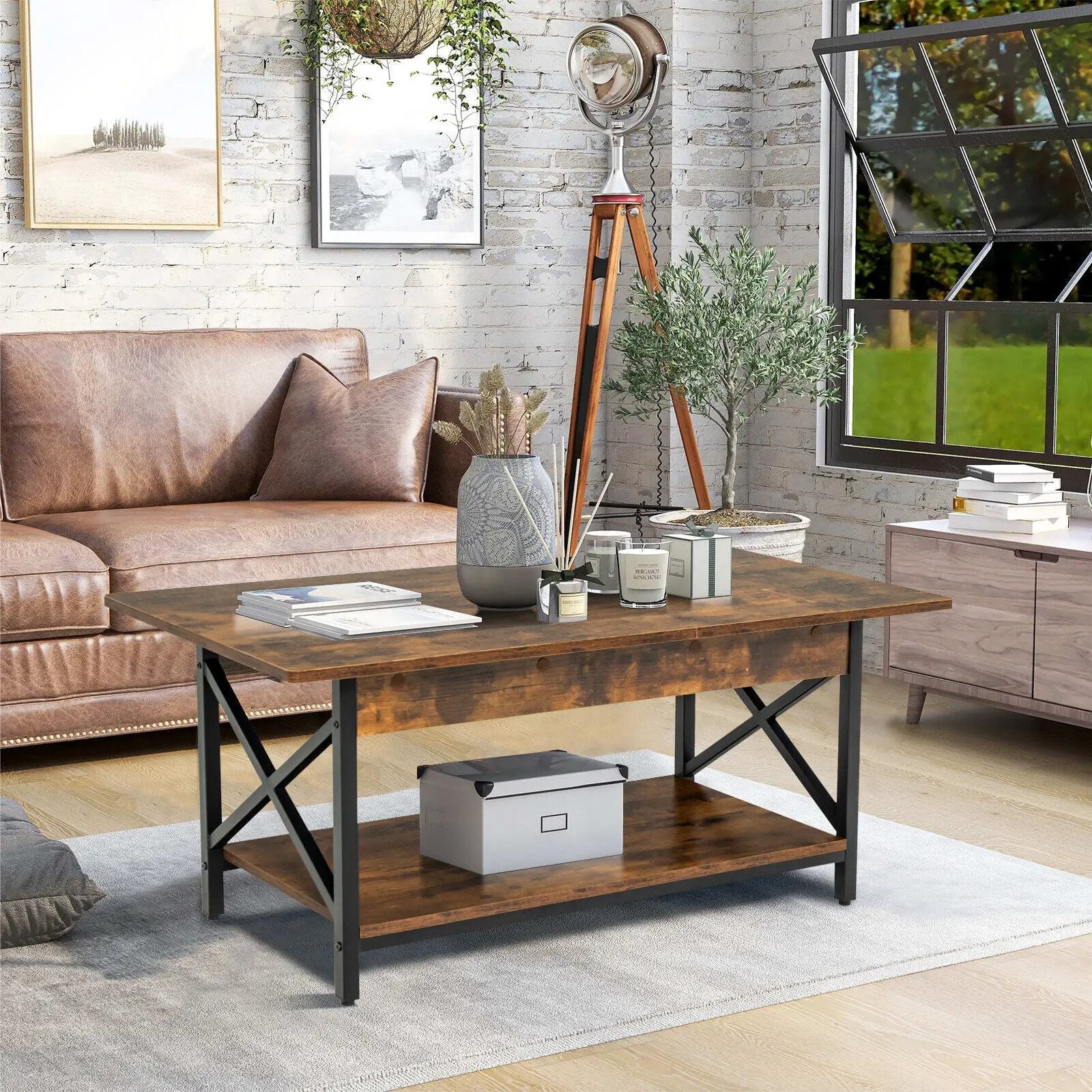 2-Tier Industrial Rectangular Coffee Table with Storage Shelf by DirectDeals