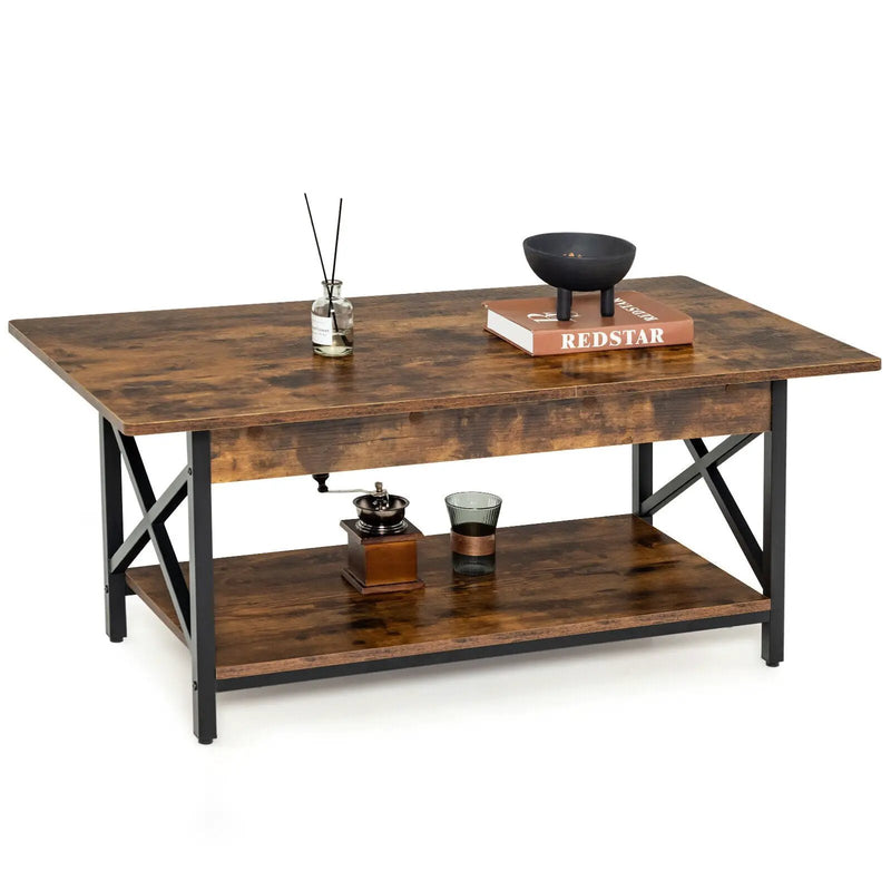 2-Tier Industrial Rectangular Coffee Table with Storage Shelf by DirectDeals