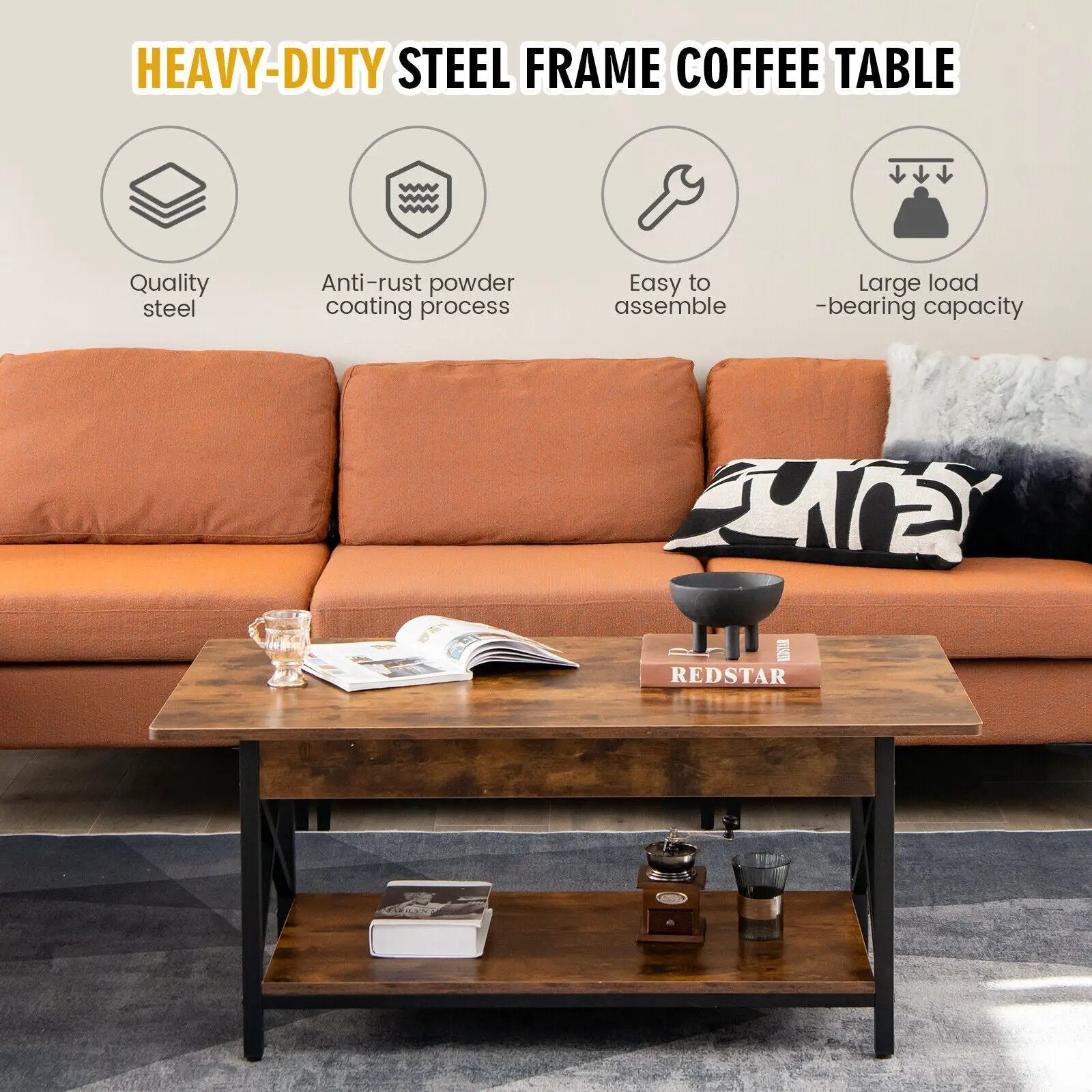 2-Tier Industrial Rectangular Coffee Table with Storage Shelf by DirectDeals