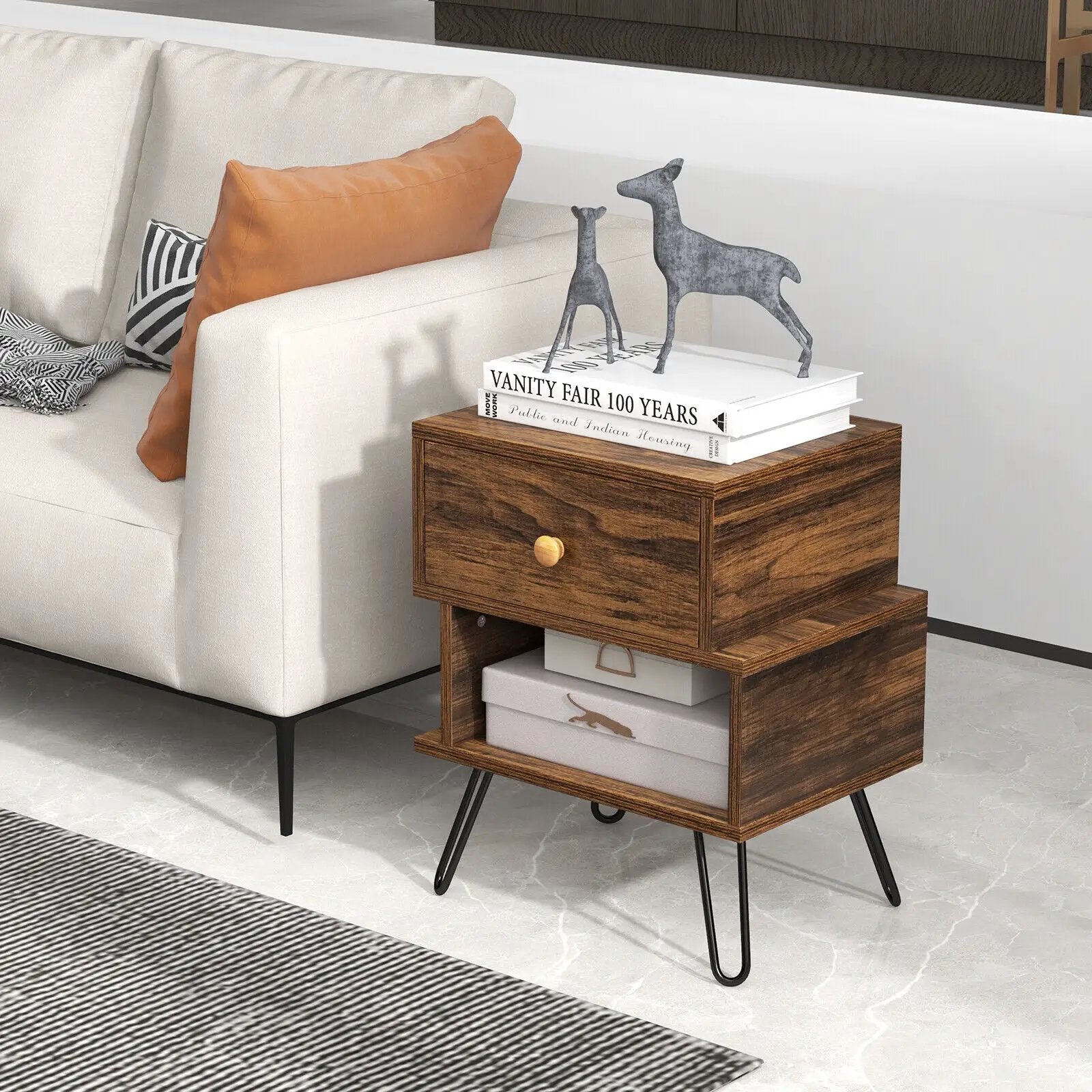 Set of 2 2-Tier Irregular Wooden Nightstands with Elevated Metal Feet-Walnut by DirectDeals