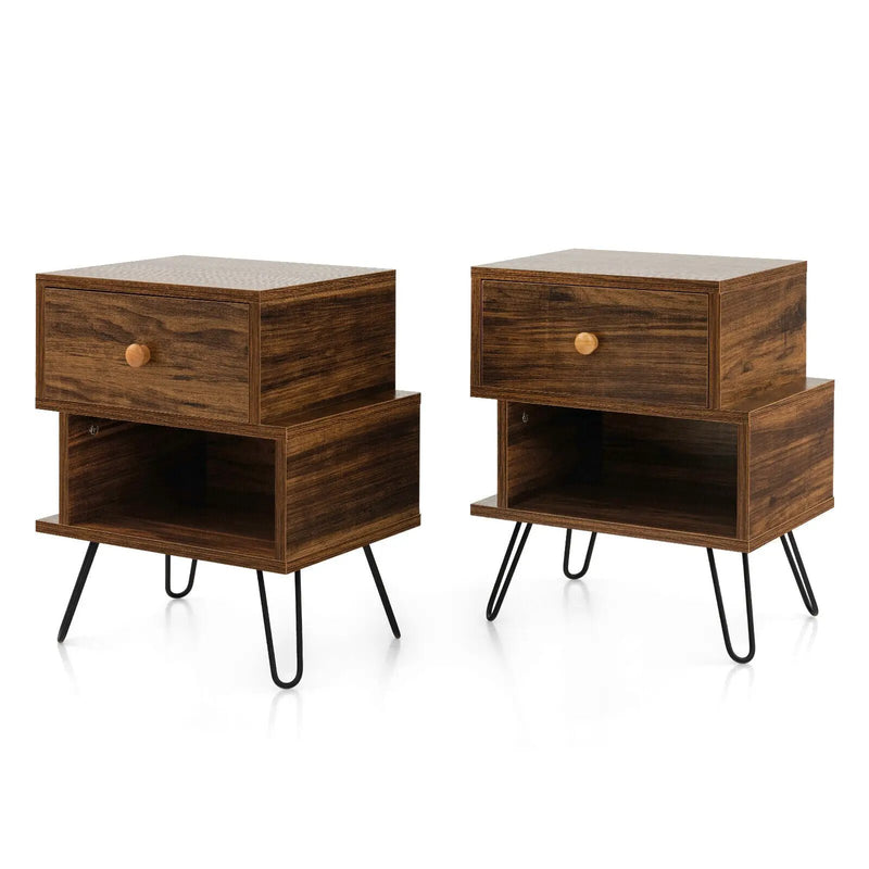 Set of 2 2-Tier Irregular Wooden Nightstands with Elevated Metal Feet-Walnut by DirectDeals
