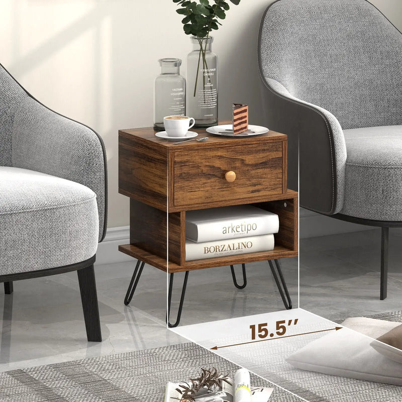 Set of 2 2-Tier Irregular Wooden Nightstands with Elevated Metal Feet-Walnut by DirectDeals