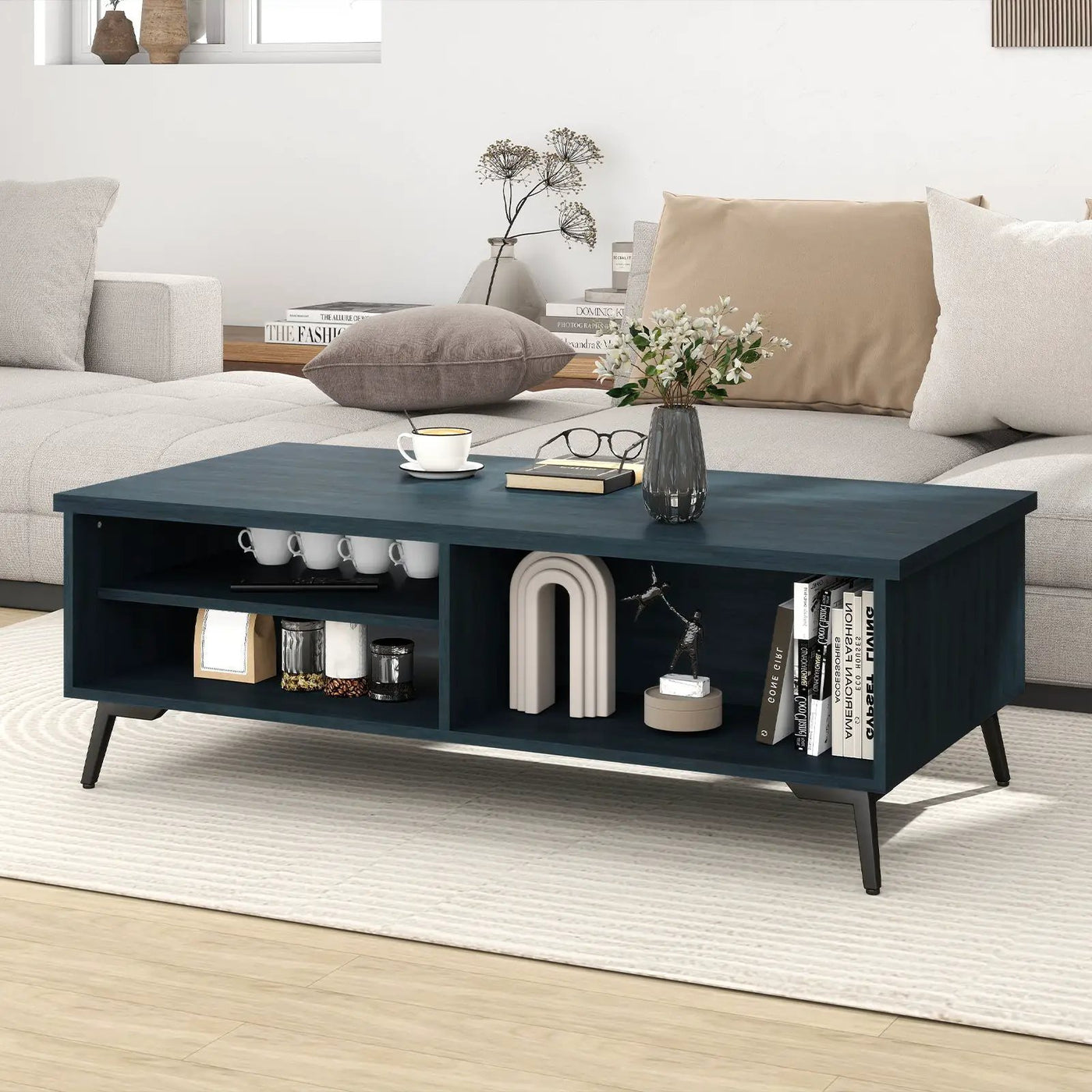 2-Tier Mid Century Modern Coffee Table with Storage Shelves Compartments by DirectDeals