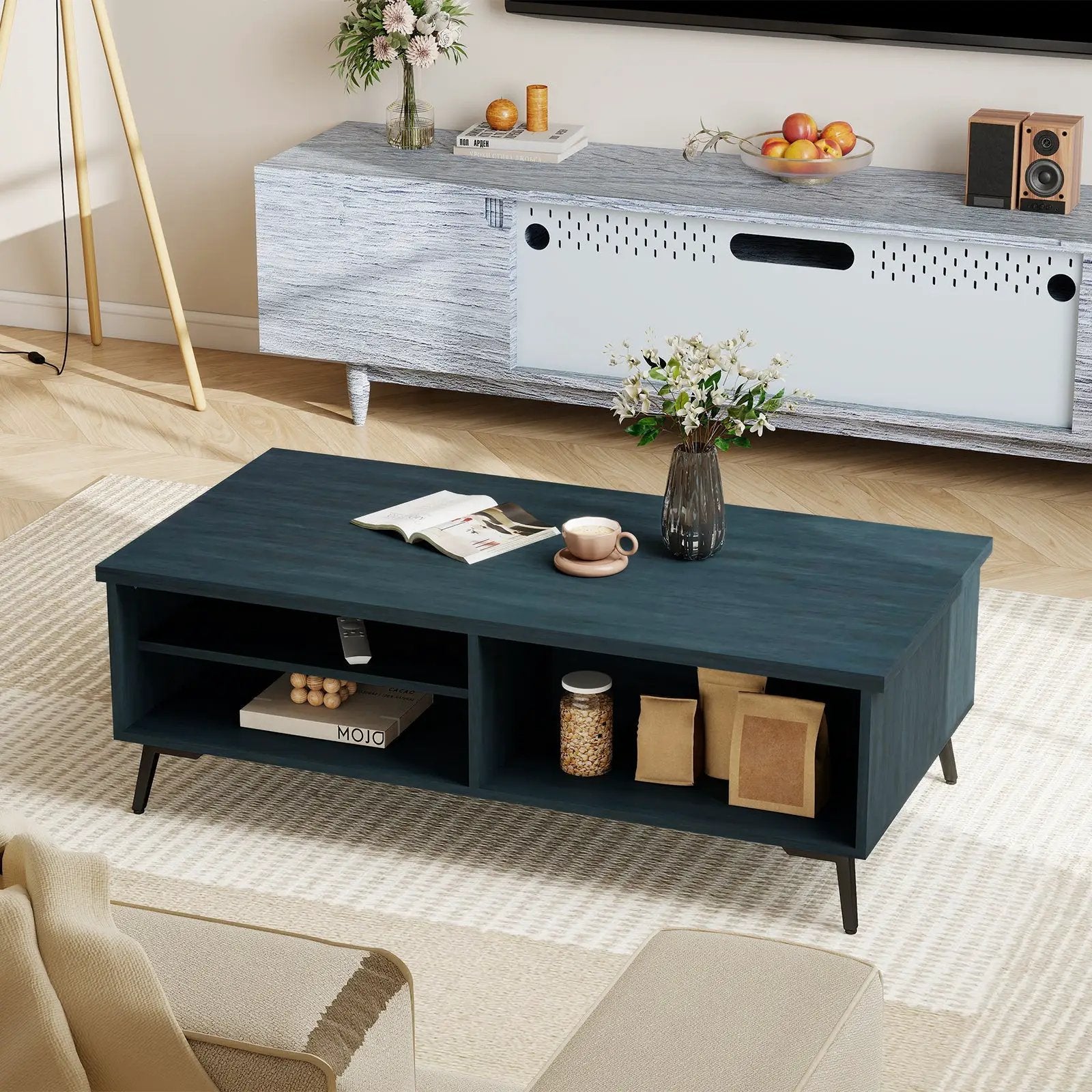 2-Tier Mid Century Modern Coffee Table with Storage Shelves Compartments by DirectDeals