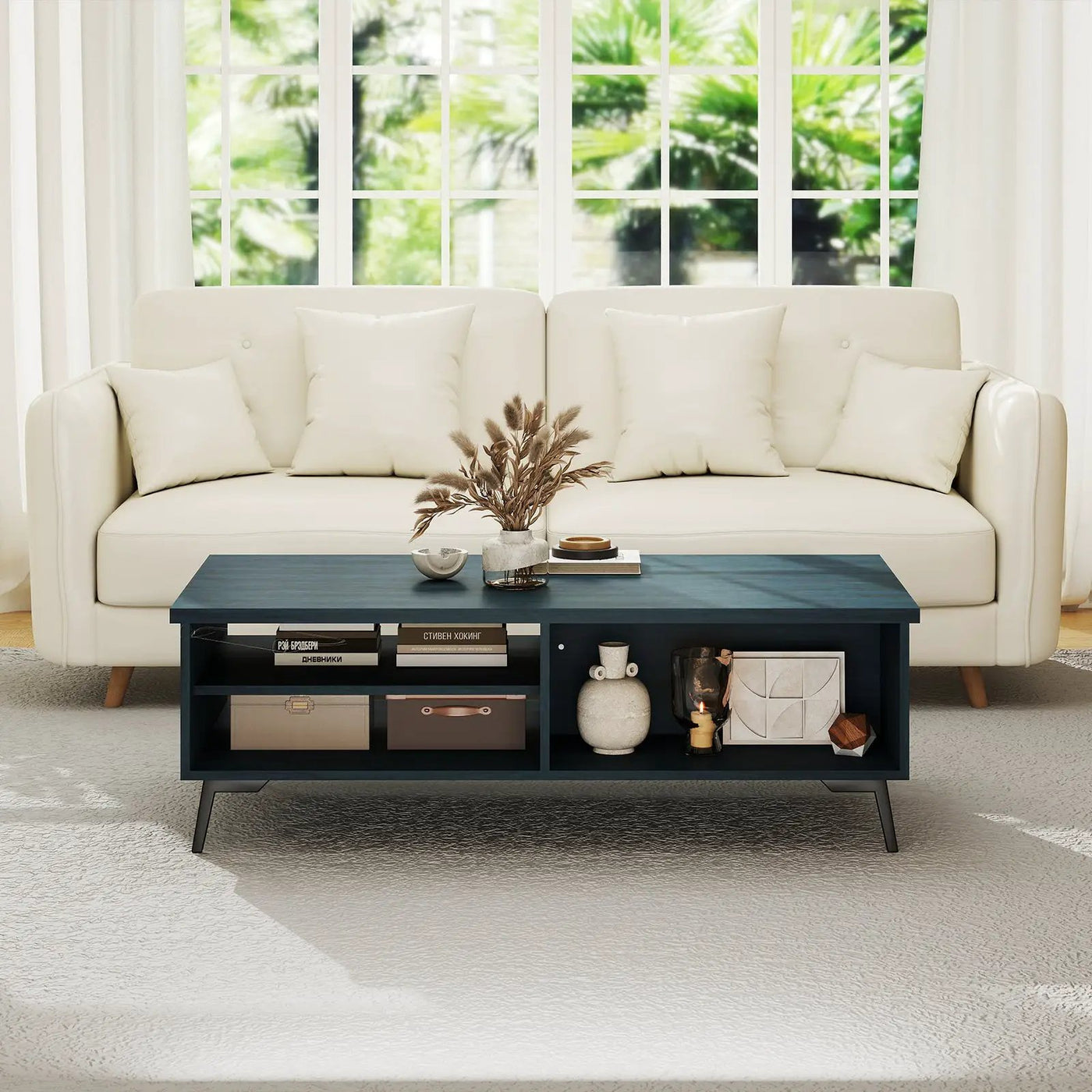2-Tier Mid Century Modern Coffee Table with Storage Shelves Compartments by DirectDeals