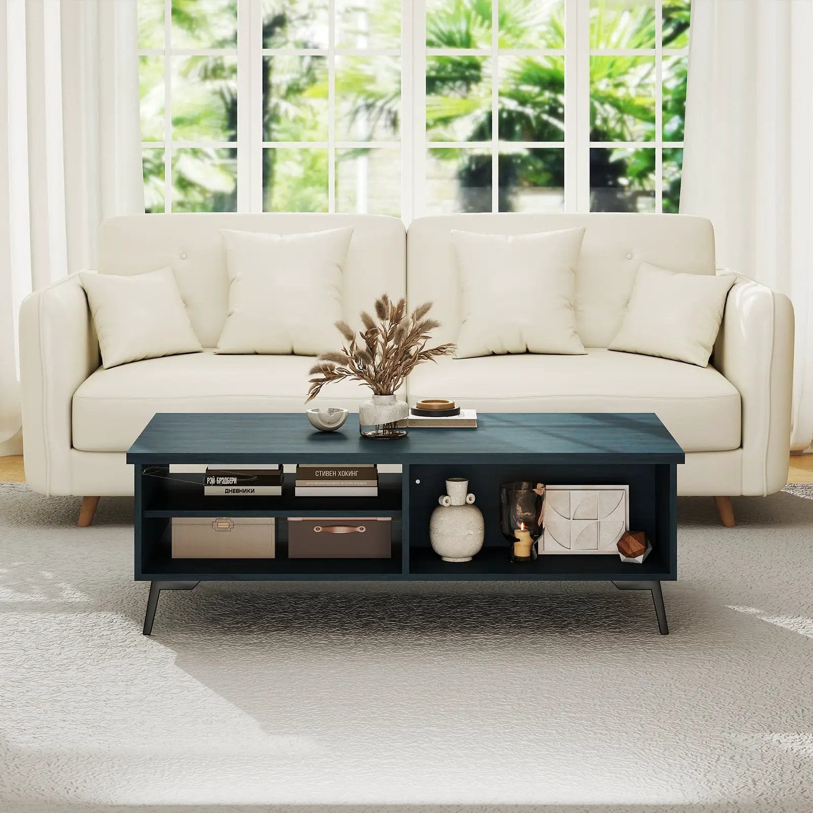 2-Tier Mid Century Modern Coffee Table with Storage Shelves Compartments by DirectDeals