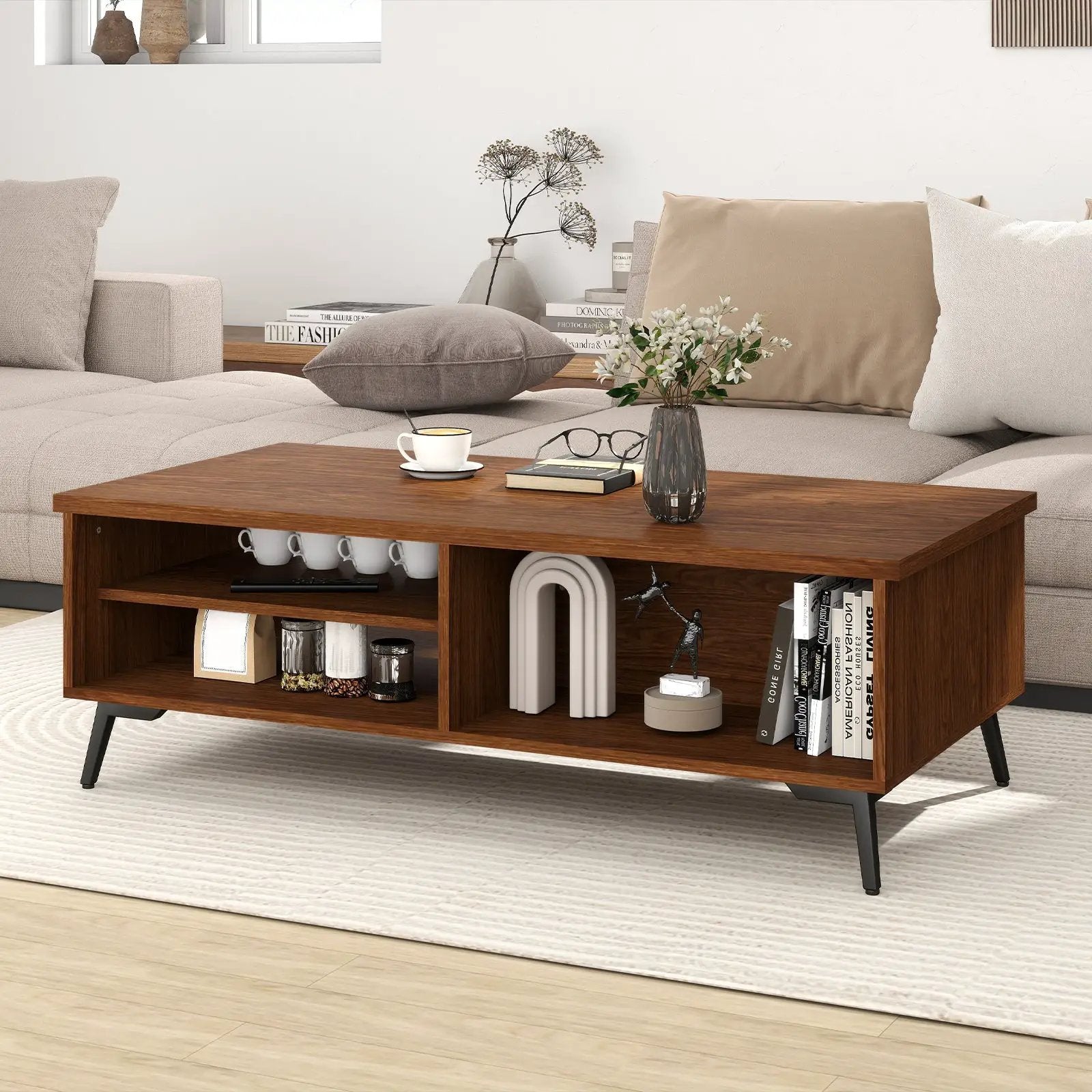2-Tier Mid Century Modern Coffee Table with Storage Shelves Compartments by DirectDeals