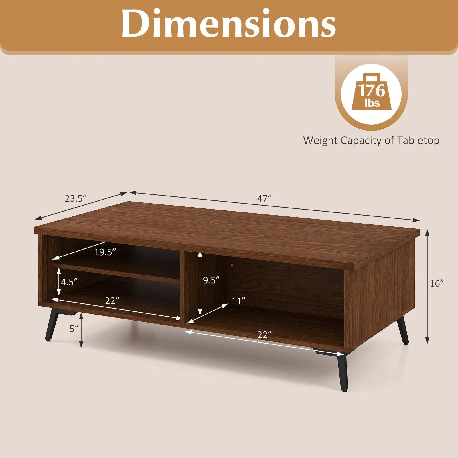 2-Tier Mid Century Modern Coffee Table with Storage Shelves Compartments by DirectDeals