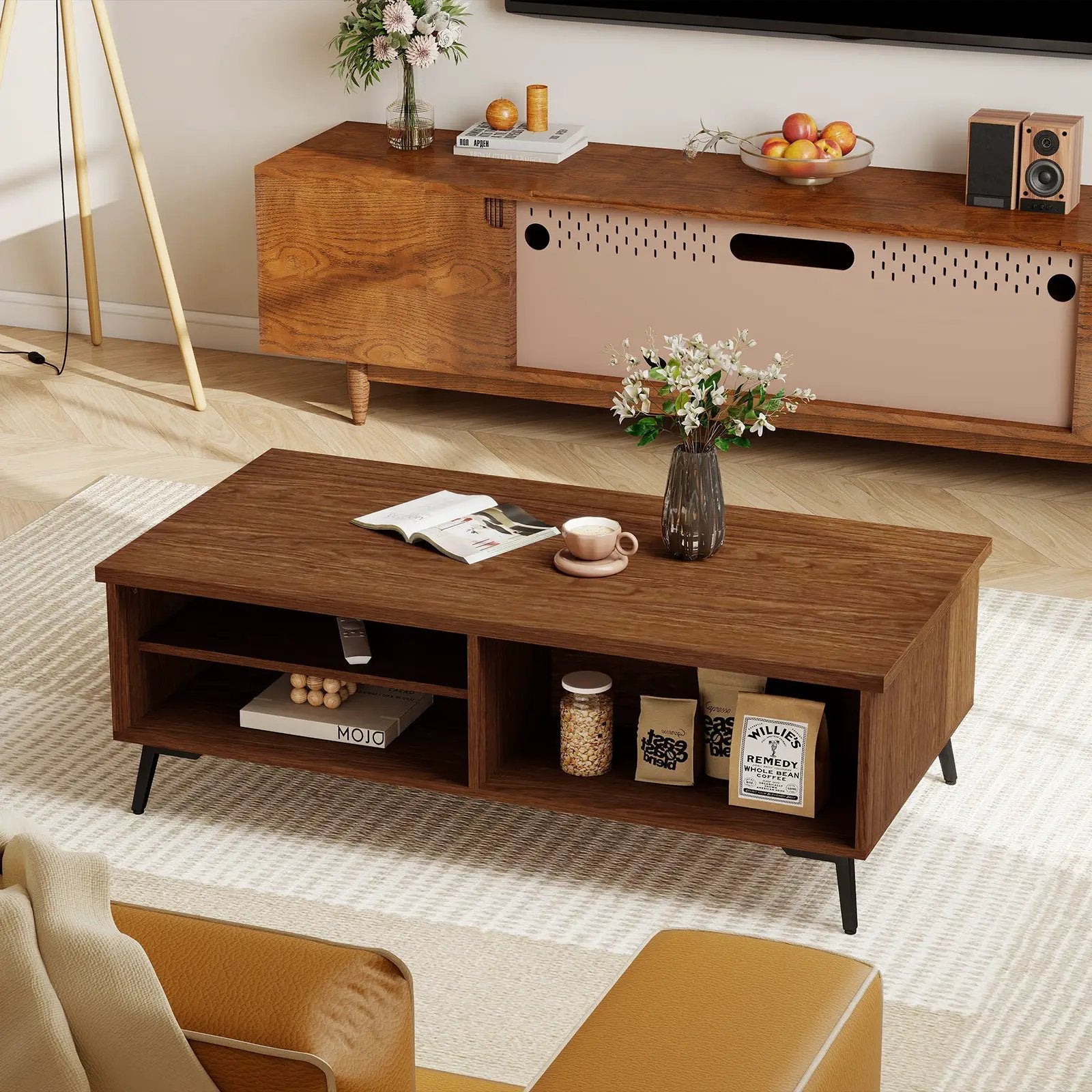 2-Tier Mid Century Modern Coffee Table with Storage Shelves Compartments by DirectDeals