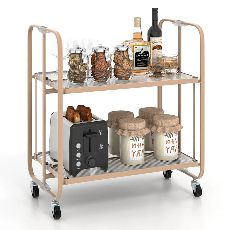 2-Tier Mobile Serving Cart with Tempered Glass Shelf-Golden by DirectDeals