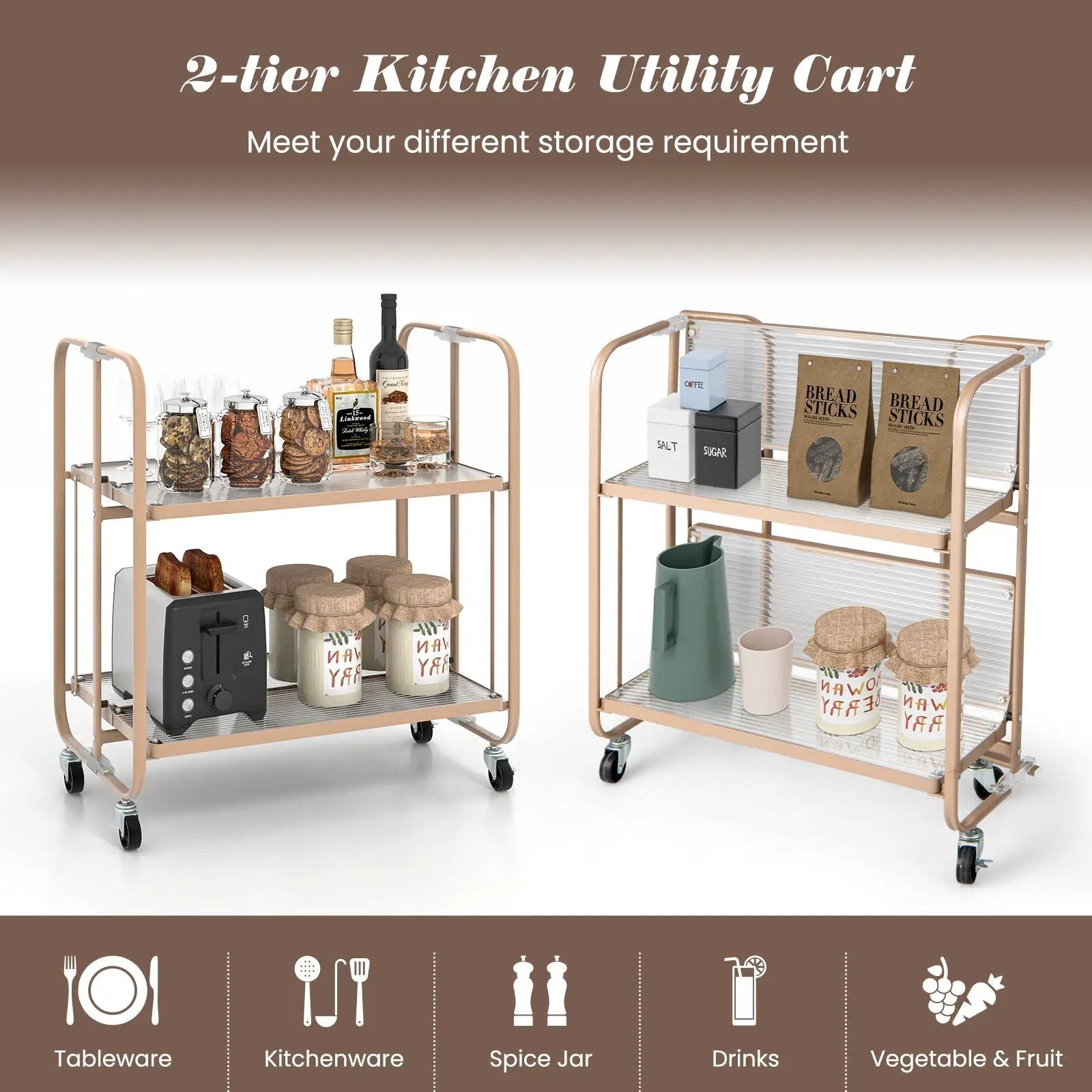 2-Tier Mobile Serving Cart with Tempered Glass Shelf-Golden by DirectDeals