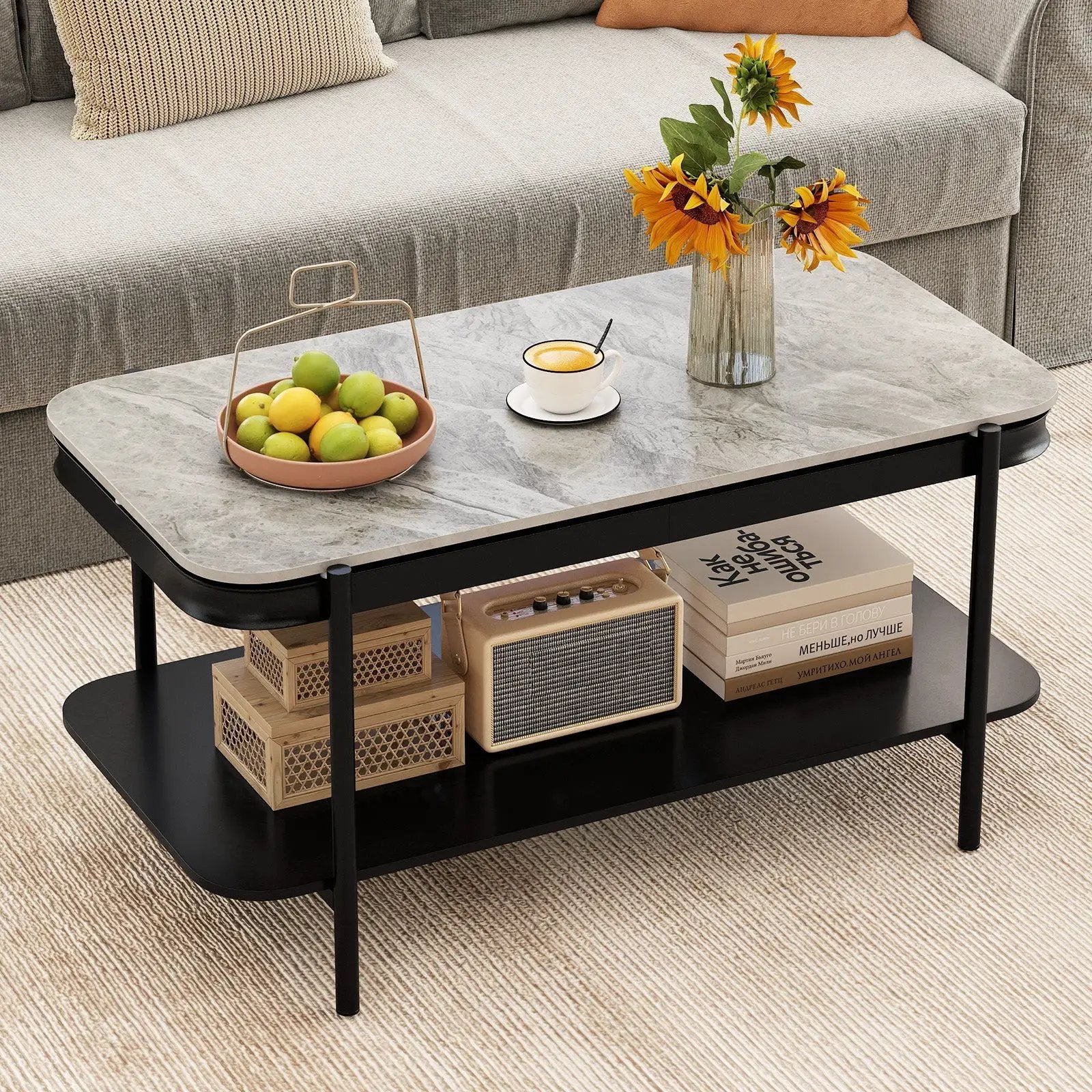 2-Tier Modern Rectangular Coffee Table with Sintered Stone Top by DirectDeals