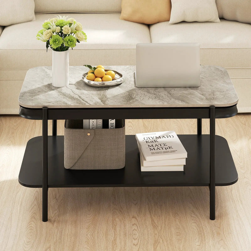 2-Tier Modern Rectangular Coffee Table with Sintered Stone Top by DirectDeals