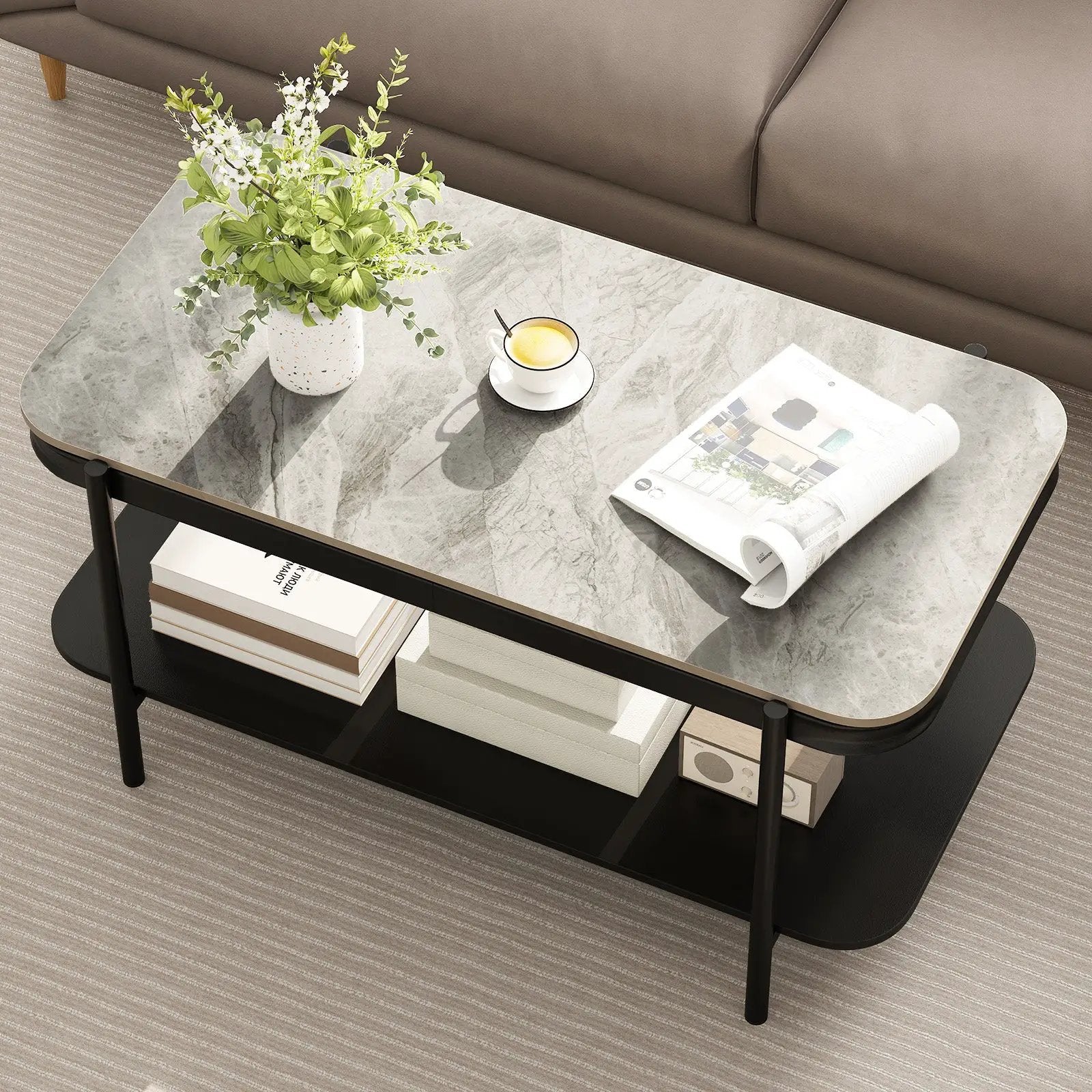 2-Tier Modern Rectangular Coffee Table with Sintered Stone Top by DirectDeals