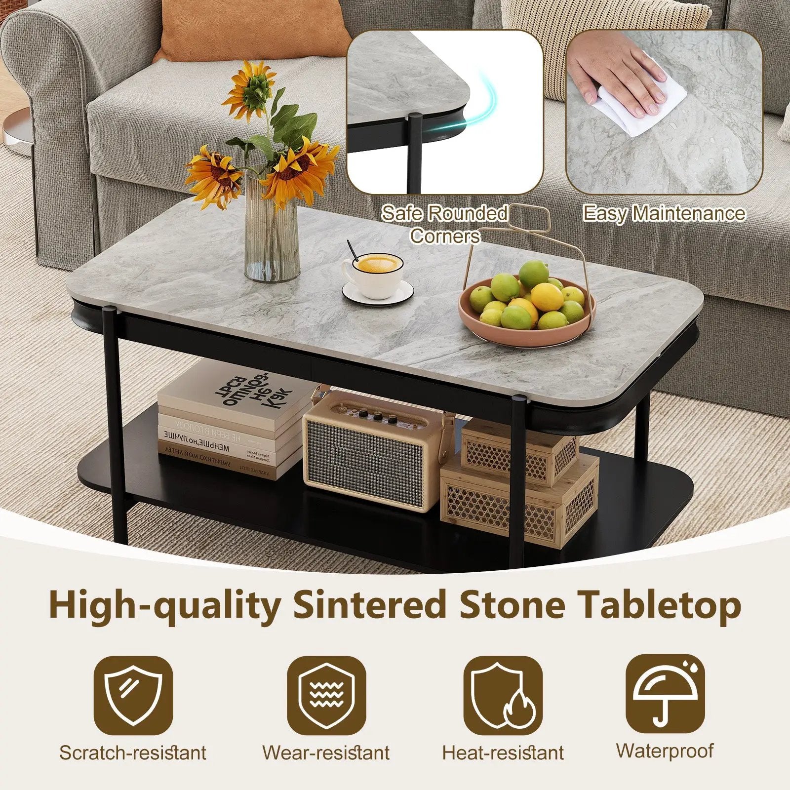 2-Tier Modern Rectangular Coffee Table with Sintered Stone Top by DirectDeals