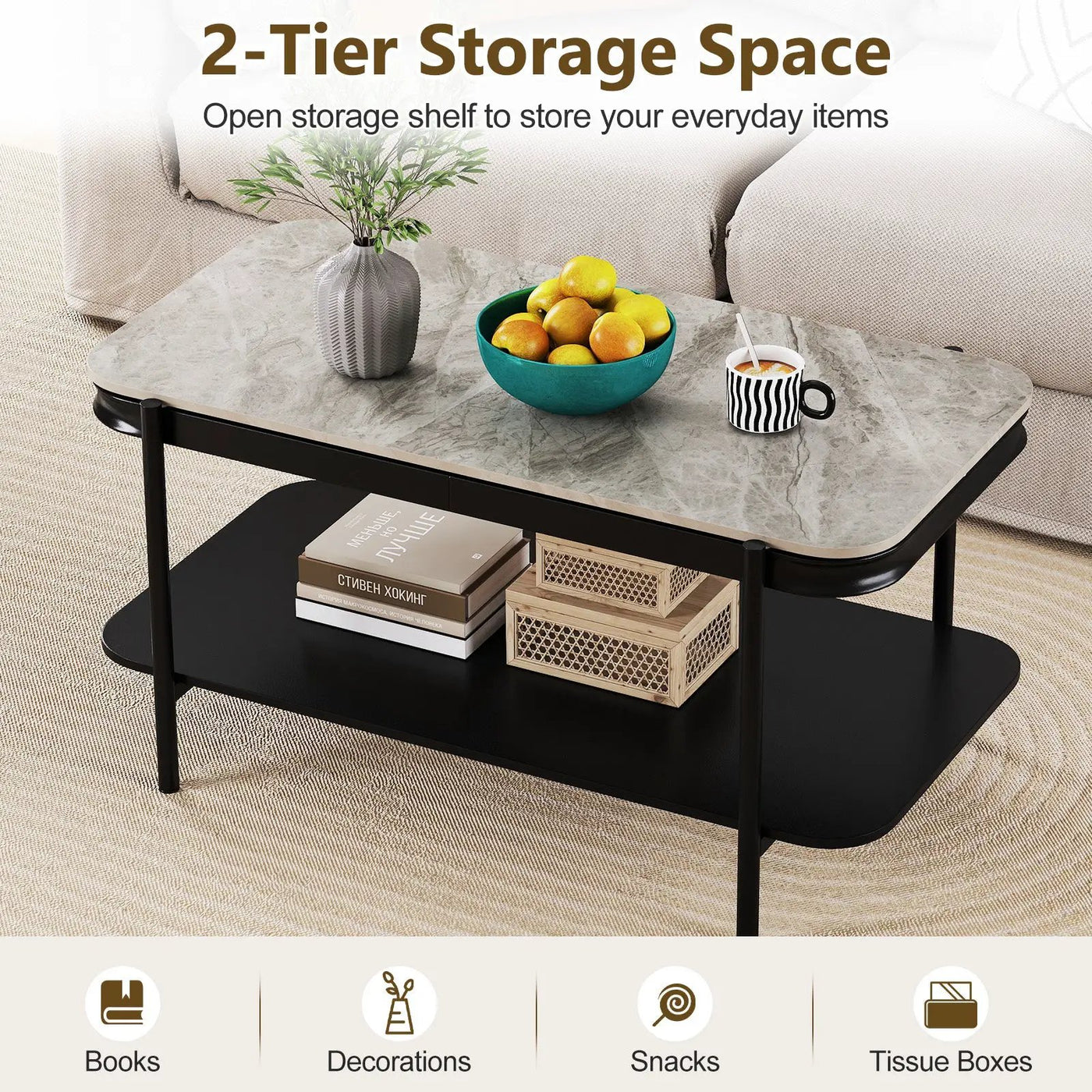 2-Tier Modern Rectangular Coffee Table with Sintered Stone Top by DirectDeals