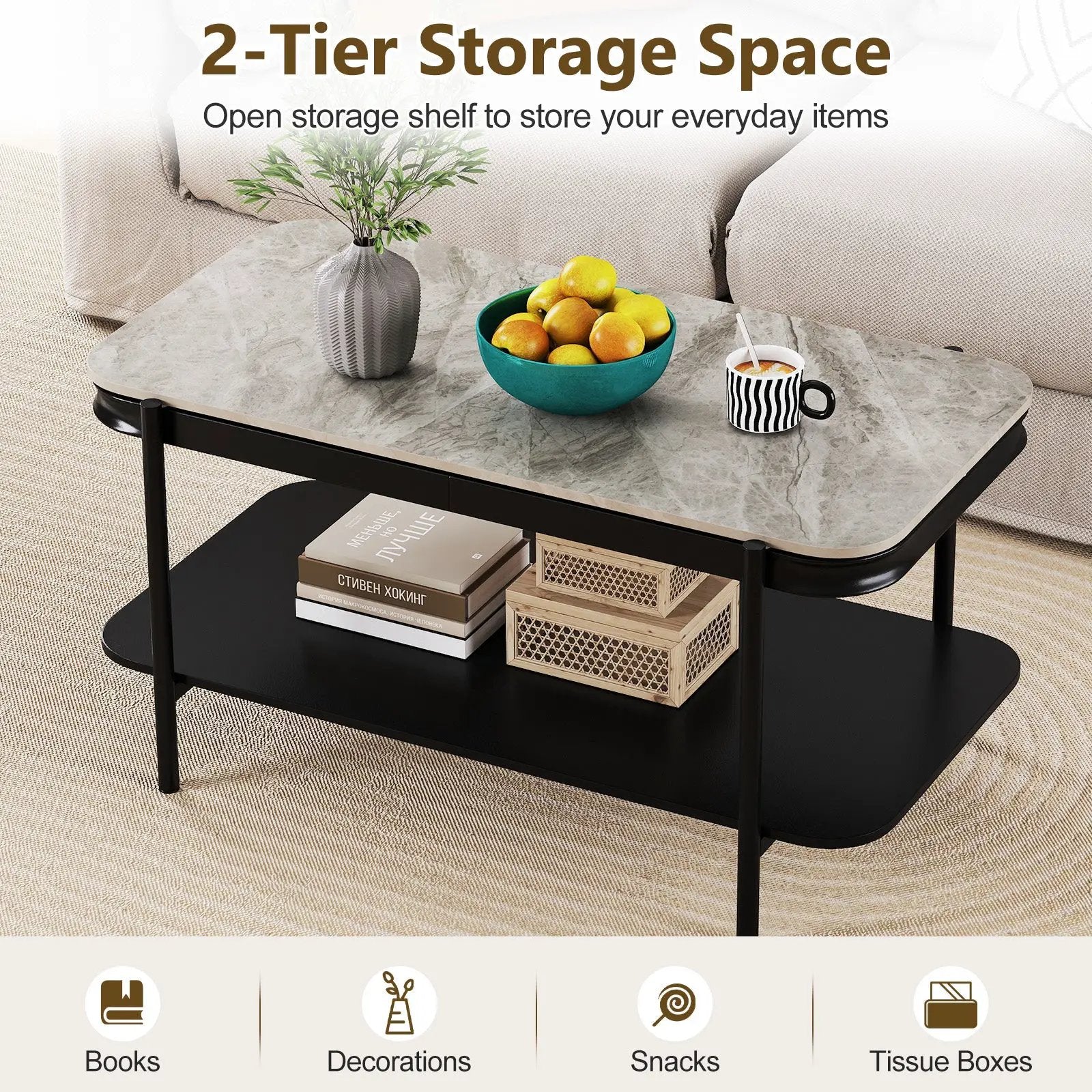 2-Tier Modern Rectangular Coffee Table with Sintered Stone Top by DirectDeals