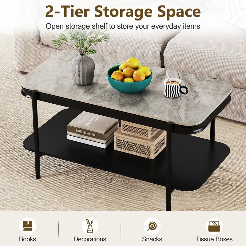 2-Tier Modern Rectangular Coffee Table with Sintered Stone Top by DirectDeals