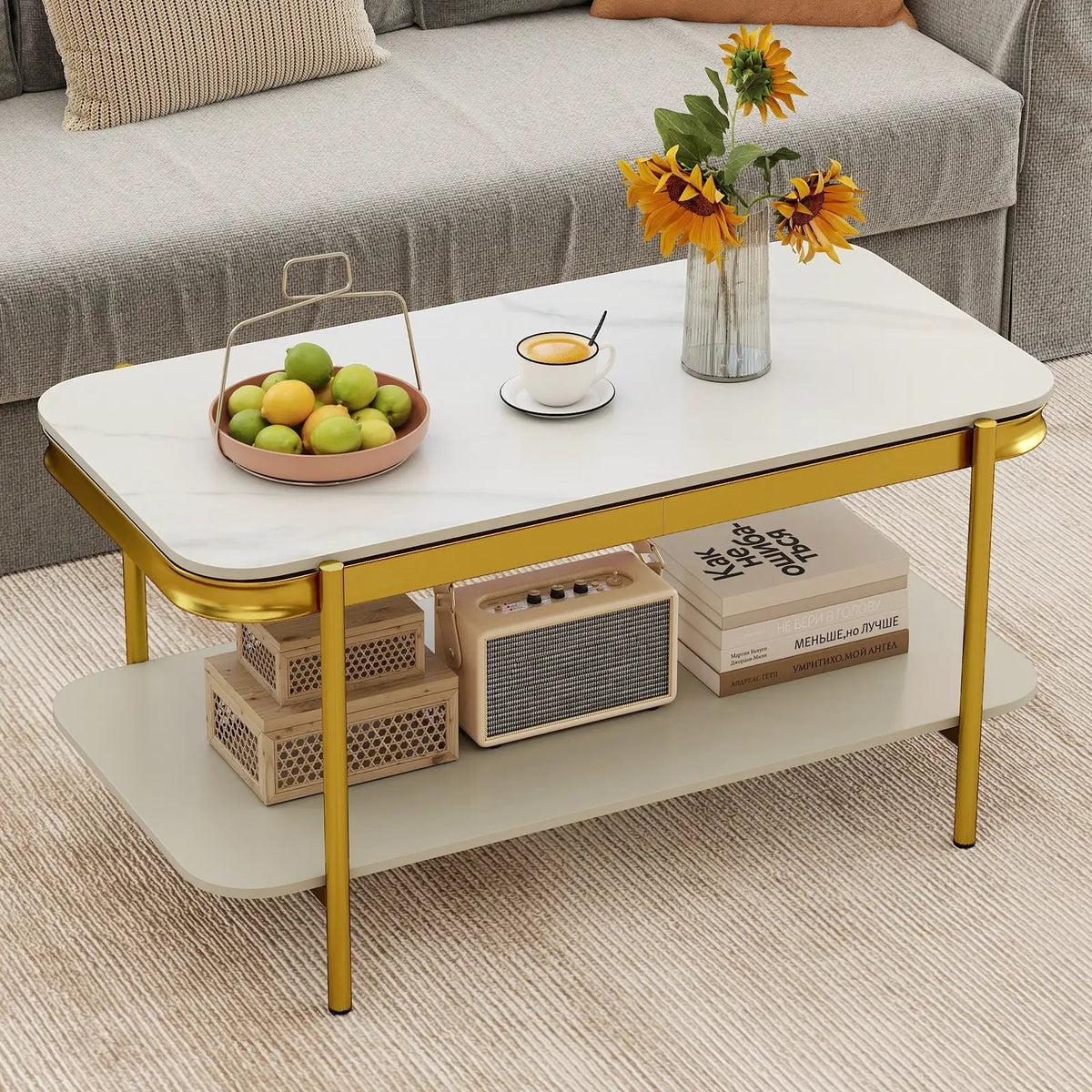 2-Tier Modern Rectangular Coffee Table with Sintered Stone Top by DirectDeals