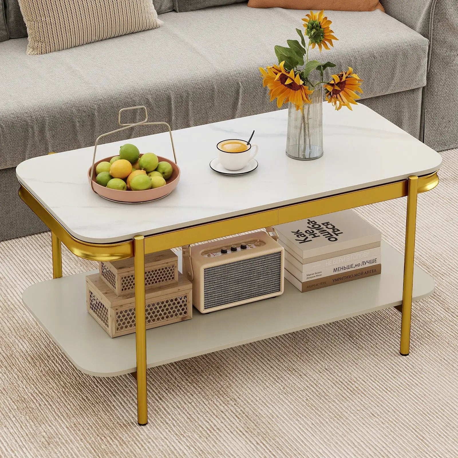 2-Tier Modern Rectangular Coffee Table with Sintered Stone Top by DirectDeals