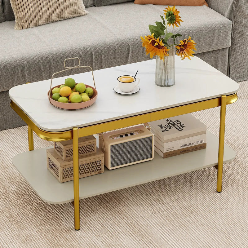 2-Tier Modern Rectangular Coffee Table with Sintered Stone Top by DirectDeals