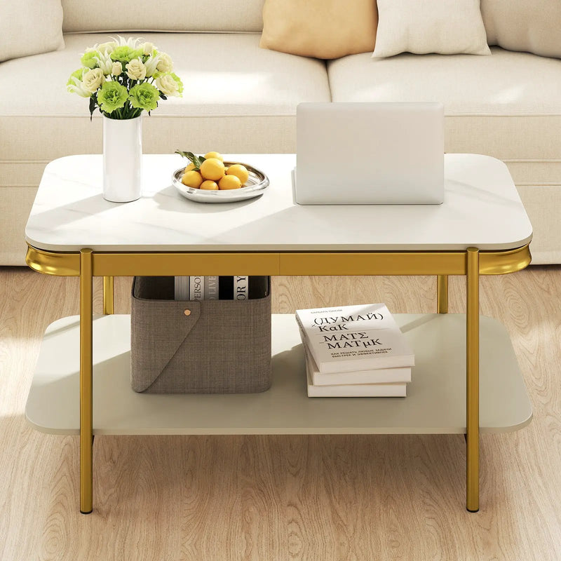 2-Tier Modern Rectangular Coffee Table with Sintered Stone Top by DirectDeals