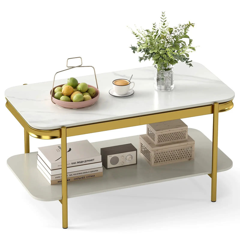 2-Tier Modern Rectangular Coffee Table with Sintered Stone Top by DirectDeals