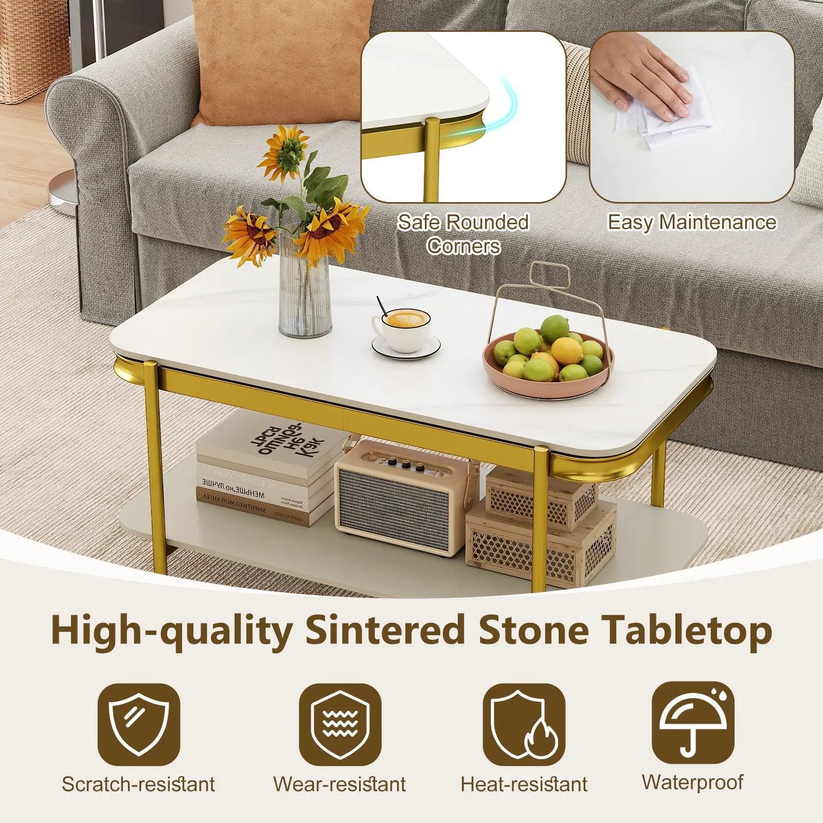 2-Tier Modern Rectangular Coffee Table with Sintered Stone Top by DirectDeals