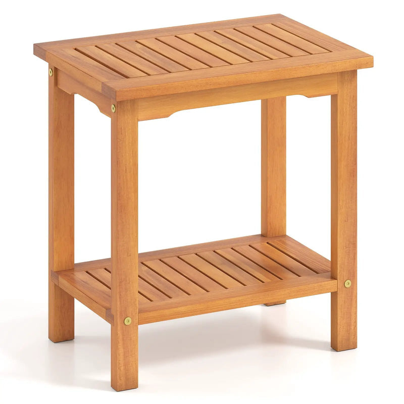 2-Tier Outdoor Acacia Wood Side Table with Slatted Tabletop and Storage Shelf by DirectDeals