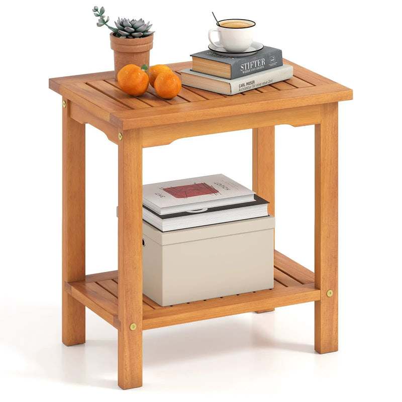 2-Tier Outdoor Acacia Wood Side Table with Slatted Tabletop and Storage Shelf by DirectDeals