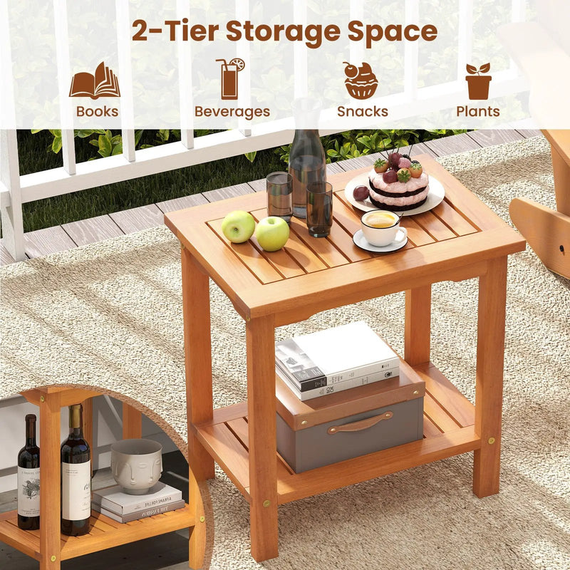 2-Tier Outdoor Acacia Wood Side Table with Slatted Tabletop and Storage Shelf by DirectDeals